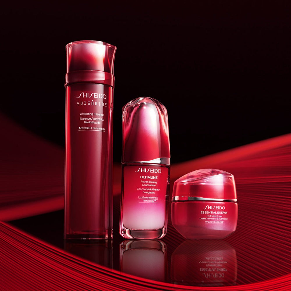 Shiseido Eudermine Activating & Hydrating Essence and Ultimune Power Infusing Concentrate and Essential Energy Hydrating Cream together