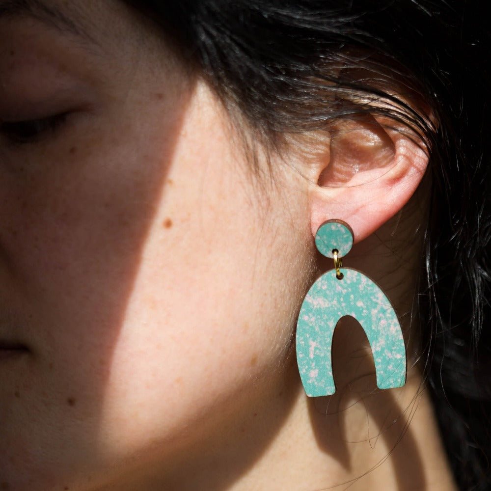 Ishbel Watson - Dappled Arch Earrings mint green earrings on model