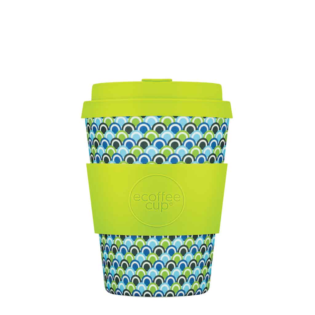 ECoffee cup 12oz 350ml reusable lime green, blue patterns