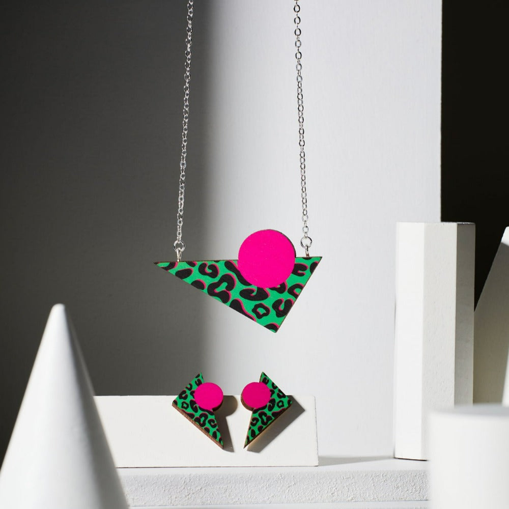 Ishbel Watson - Gloria Jewellery leopard print in green and pink black outlines stud earrings and necklace