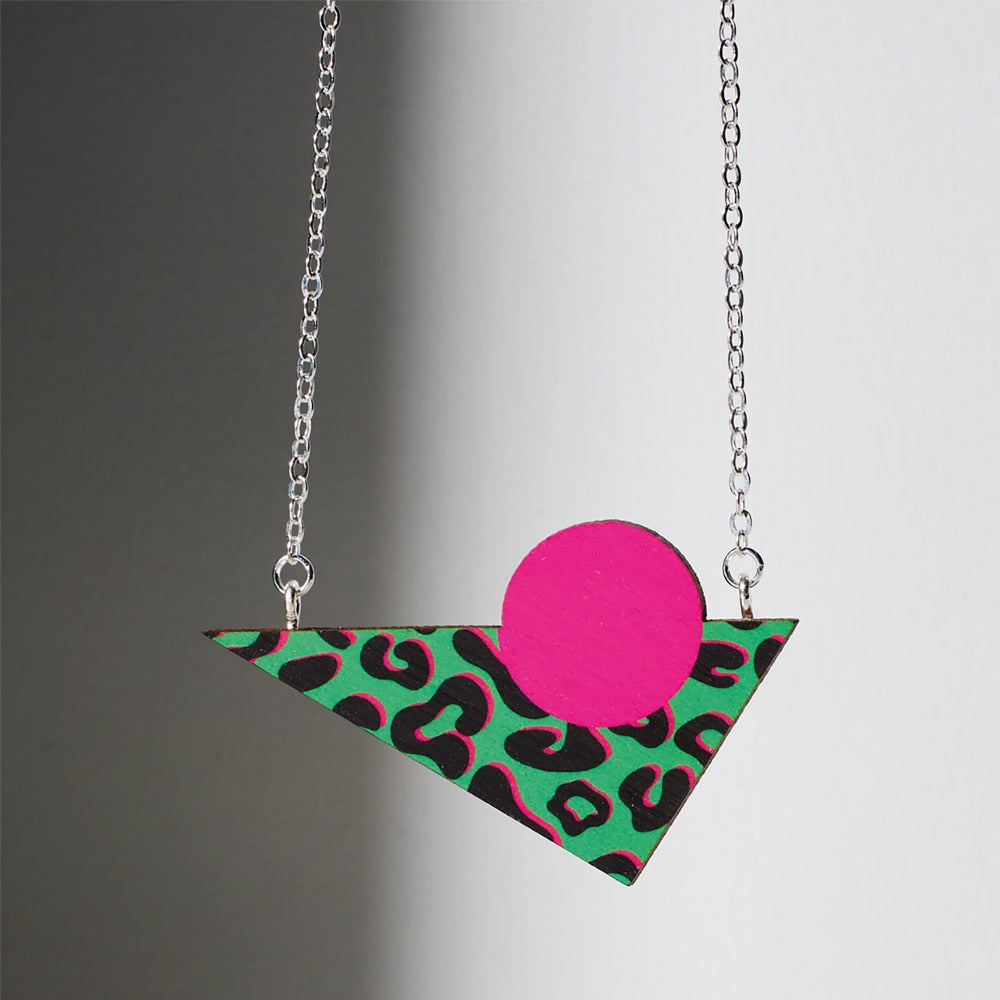 Ishbel Watson - Gloria Jewellery leopard print in green and pink black outlines necklace with silver chain