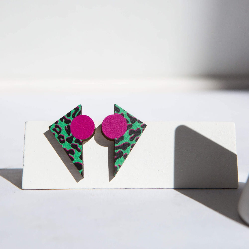 Ishbel Watson - Gloria Jewellery leopard print in green and pink black outlines earrings studs