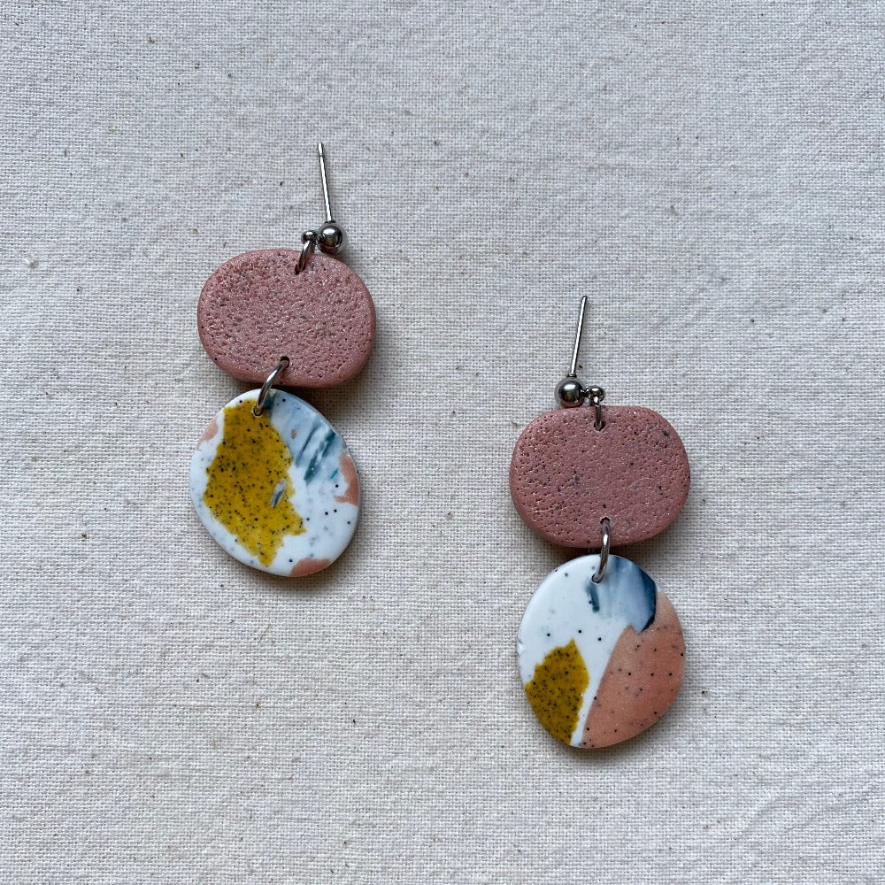 Love Kiki Designs - Medium Dangle Earrings - pink silver post with white, black dots, mustard yellow, and peach pink abstract on clay