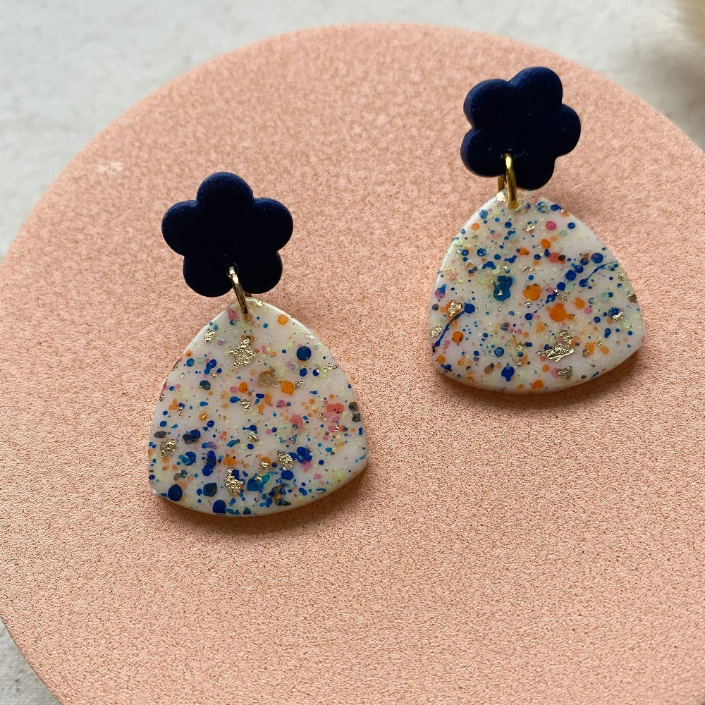 Love Kiki Designs - Medium Dangle Earrings navy and mulitcolour on a cream clay earring