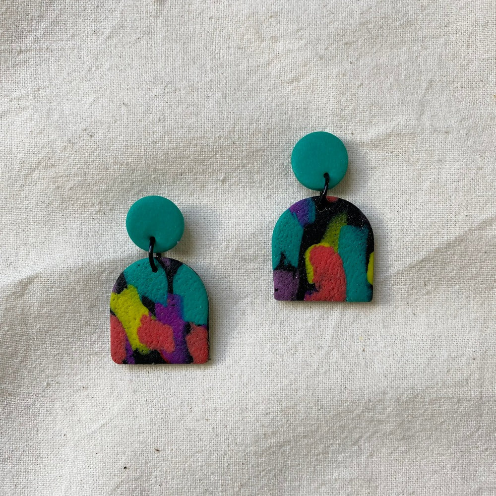 Love Kiki Designs - Medium Dangle Earrings - teal green on post with teal green, purple, red, lime green, and black on dangle clay earring
