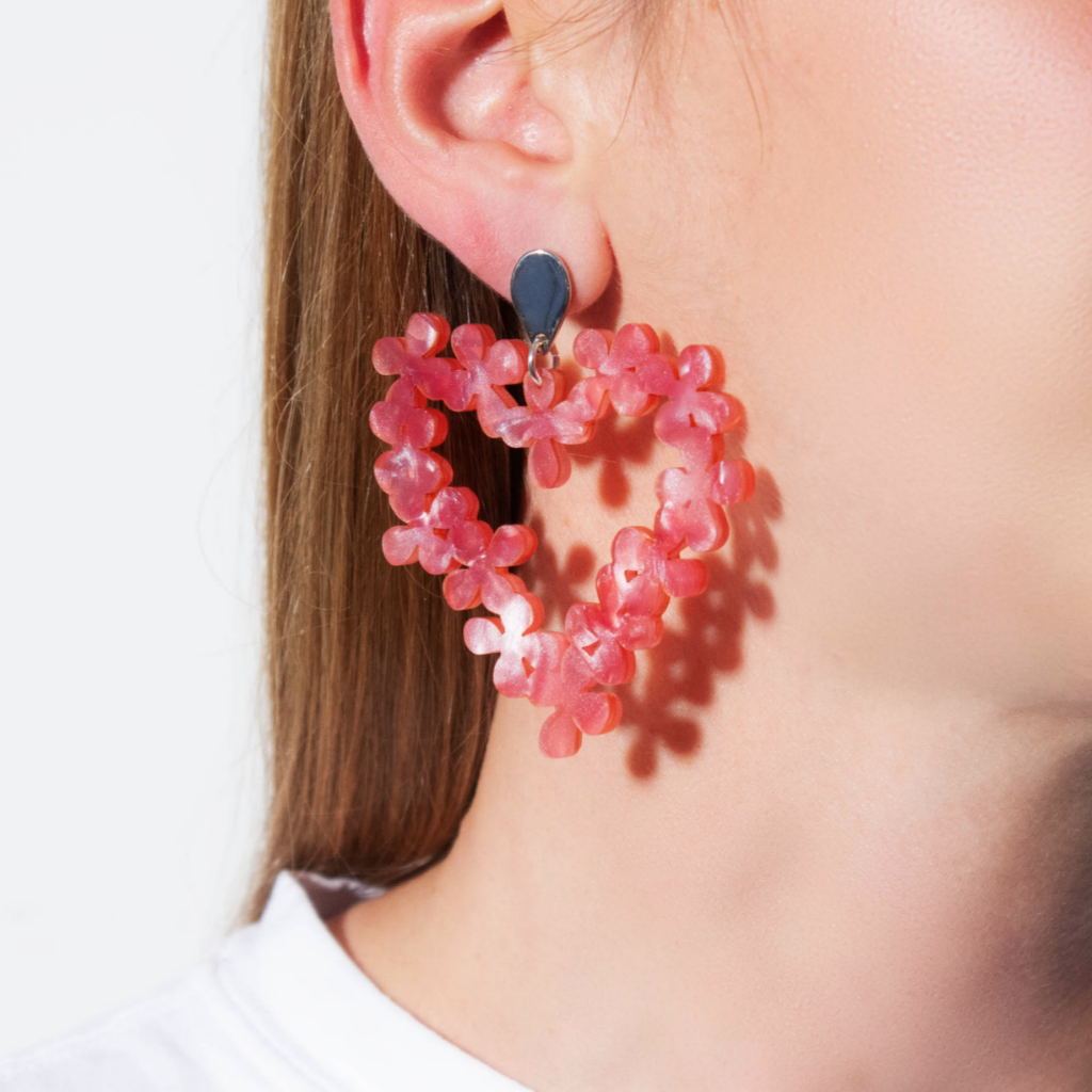 Toolally Hearts in flower earrings pink pearl