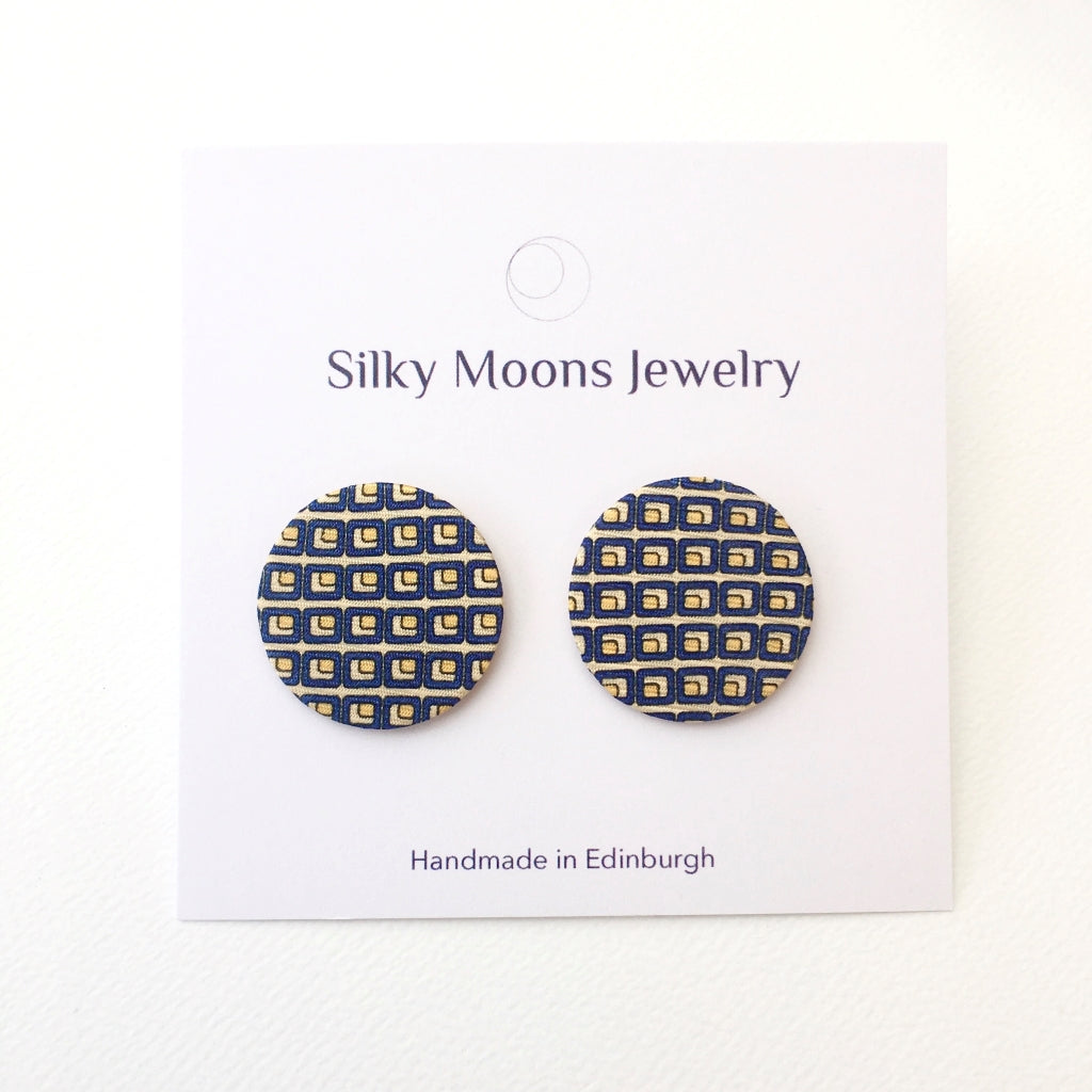 Silky Moons Jewellery navy and cream squares sequins upcycled silk stud earrings