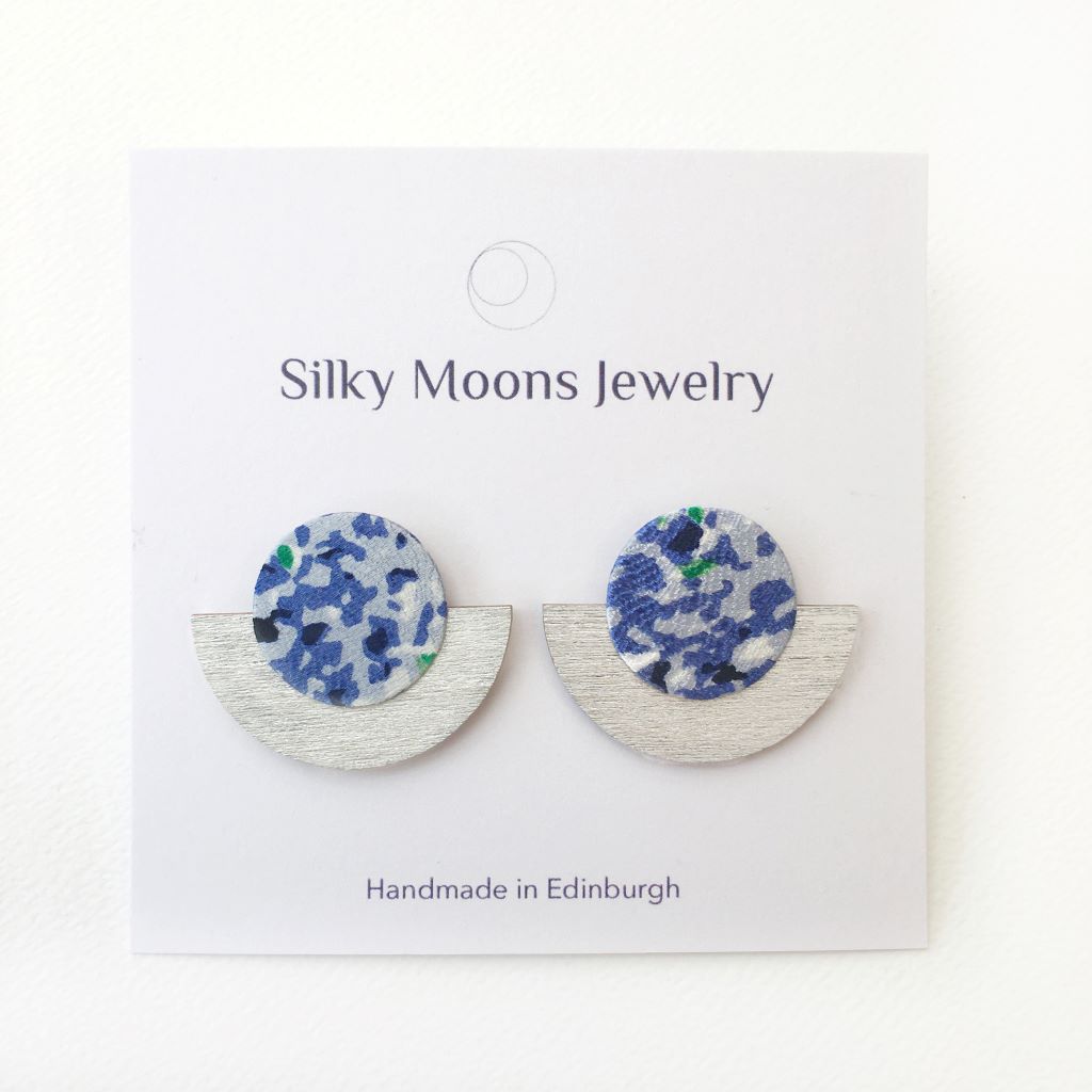 Silky Moons full moon blue recycled silk, half plywood silver stud earrings jewellery