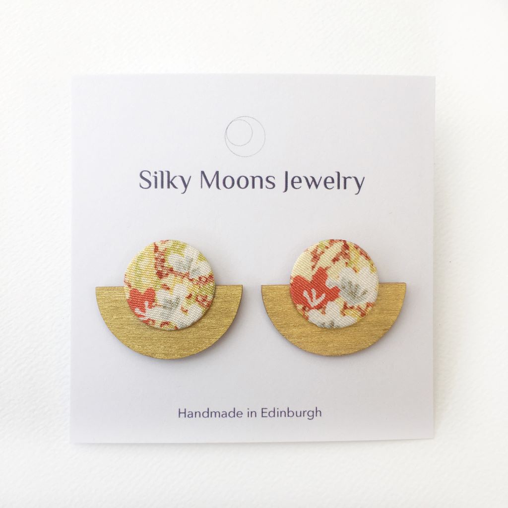 Silky Moons full moon orange and yellow recycled silk, half plywood gold stud earrings jewellery