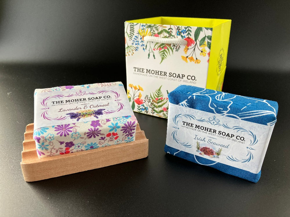The Moher Soap Co. - Soap Gift Set - two soap bars and a wooden soap holder in a gift bag
