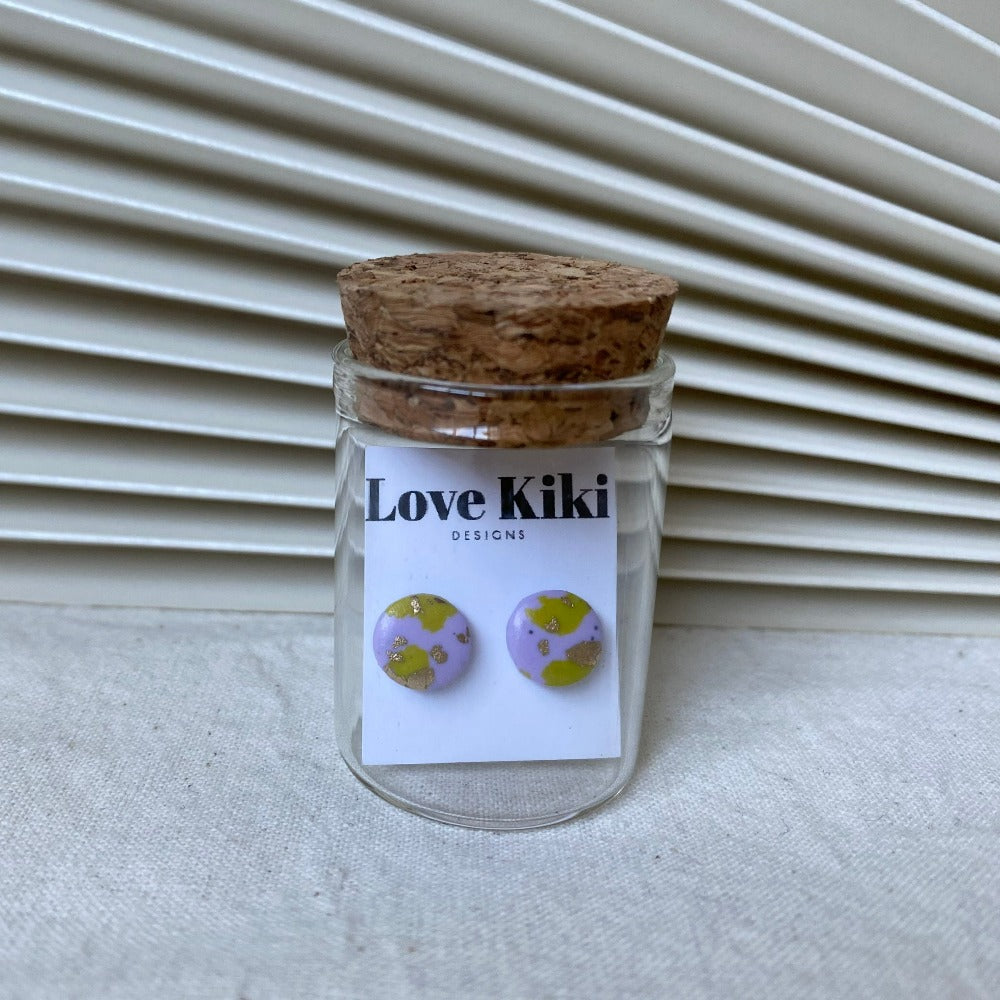 Love Kiki Designs - Stud in a Jar -lilac, lime green and gold stud earrings