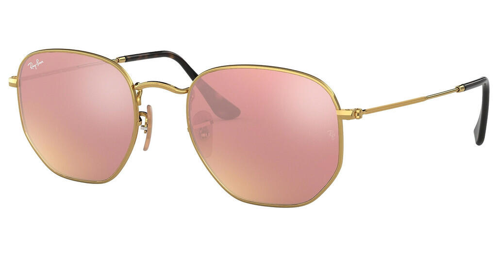 Hexagonal Rayban sunglasses with a pink mirrored elns