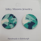 Silky Moons Jewellery green & blue camo squares sequins upcycled silk stud earrings