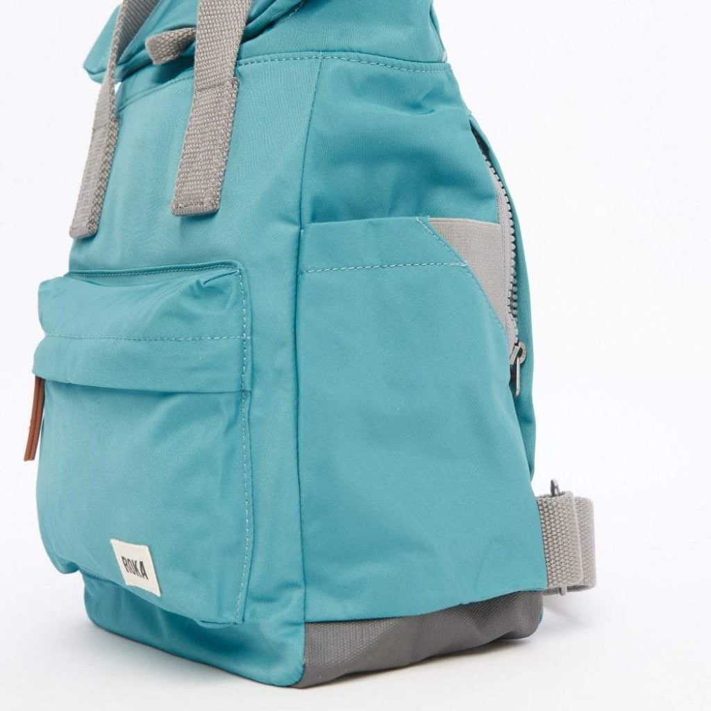 Roka London Canfield B Sustainable Backpack Blue Petrol Colour Small Pockets
