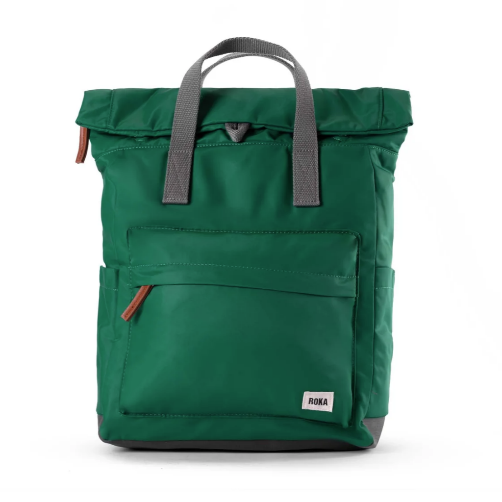 Roka London Canfield B Sustainable Backpack emerald medium size travel bag