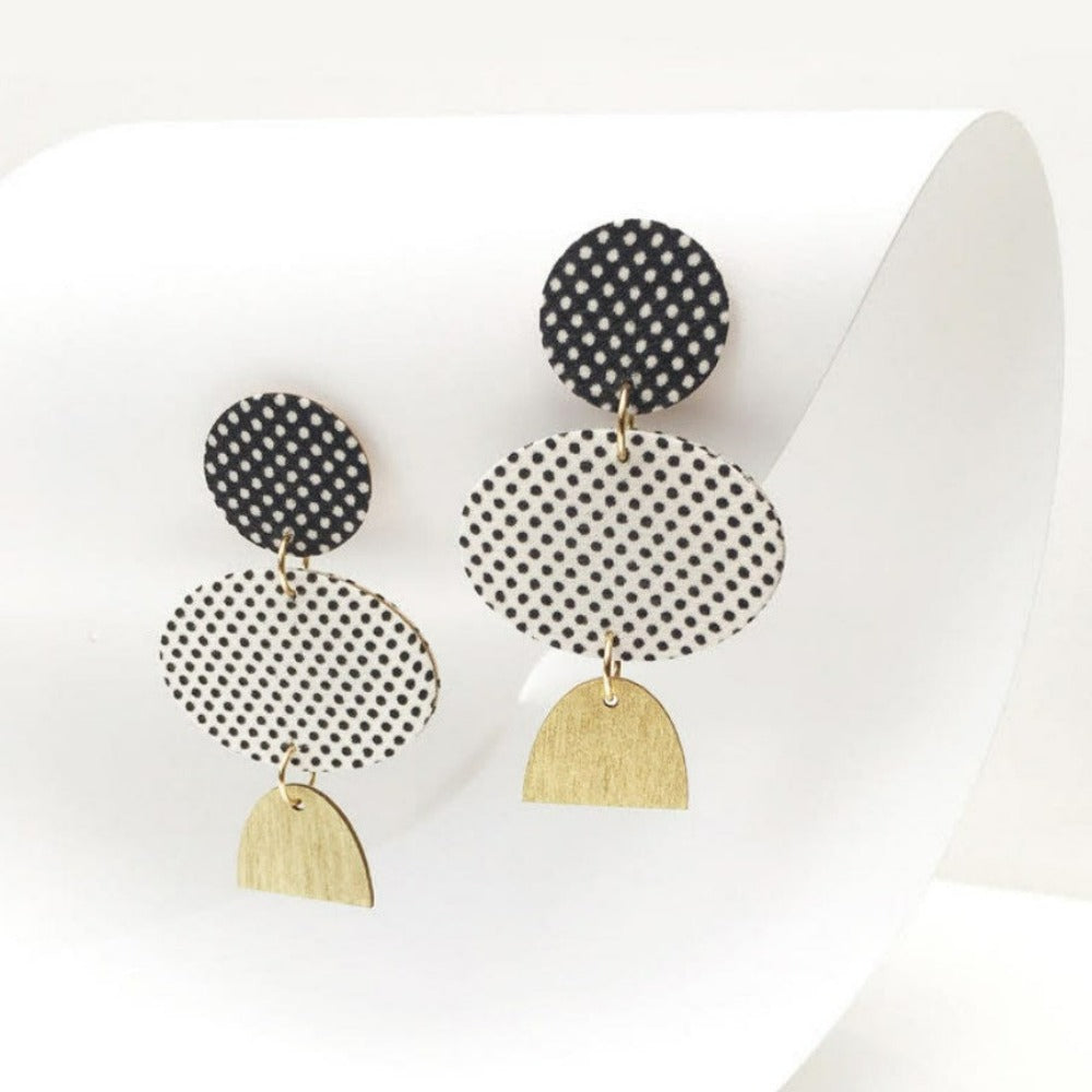 Elipse Dangle Silk Stud Earrings Black & White dotted