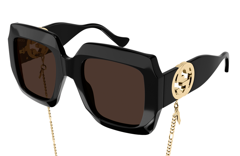 Gucci large black square sunglasses with gold chain