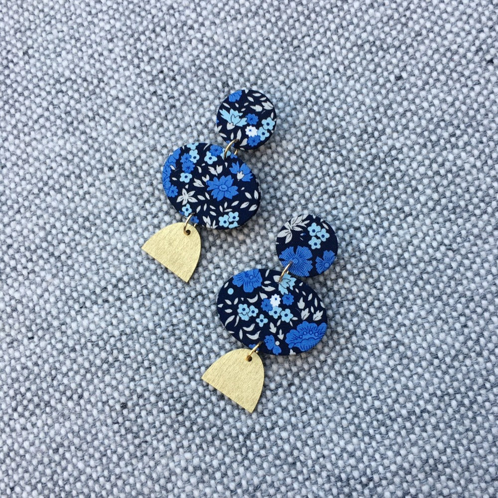 Elipse Dangle Silk Stud Earrings Blue Flowers