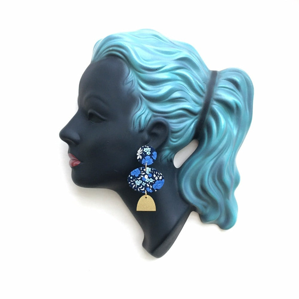 Elipse Dangle Silk Stud Earrings Blue Flowers