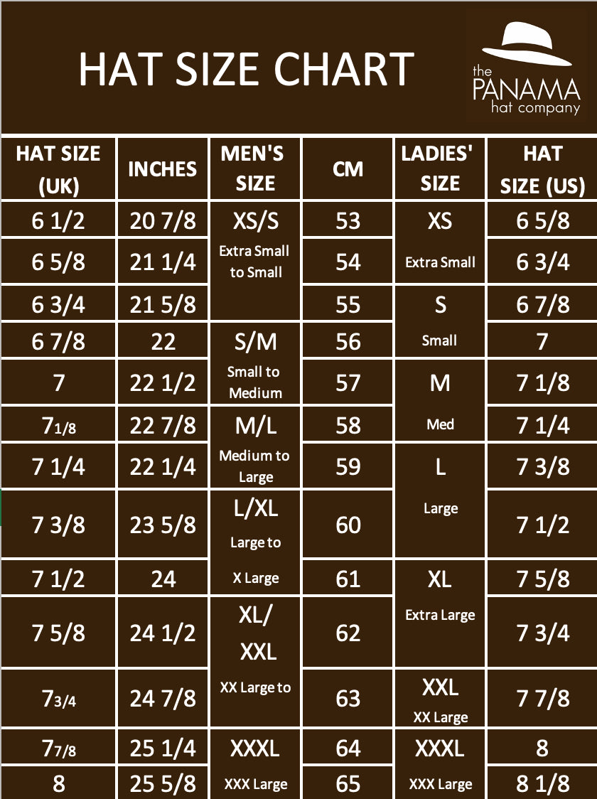 Panama Hats by Majesa - Sizing Chart