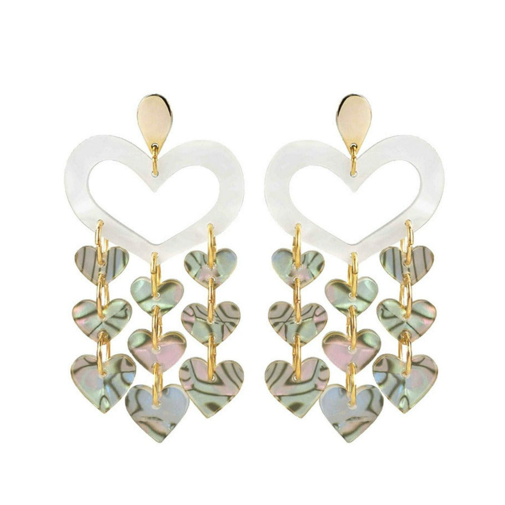 Toolally Heart Chandelier Christmas Earrings White Pearl & Shell.